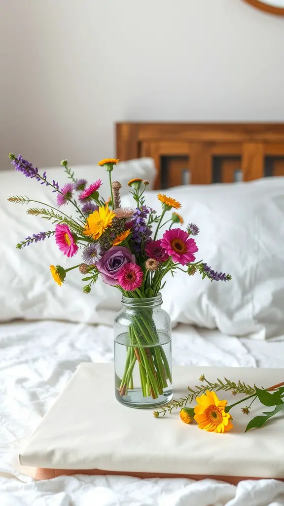 A vibrant wildflower bouquet in a glass jar on a bed with white linens.