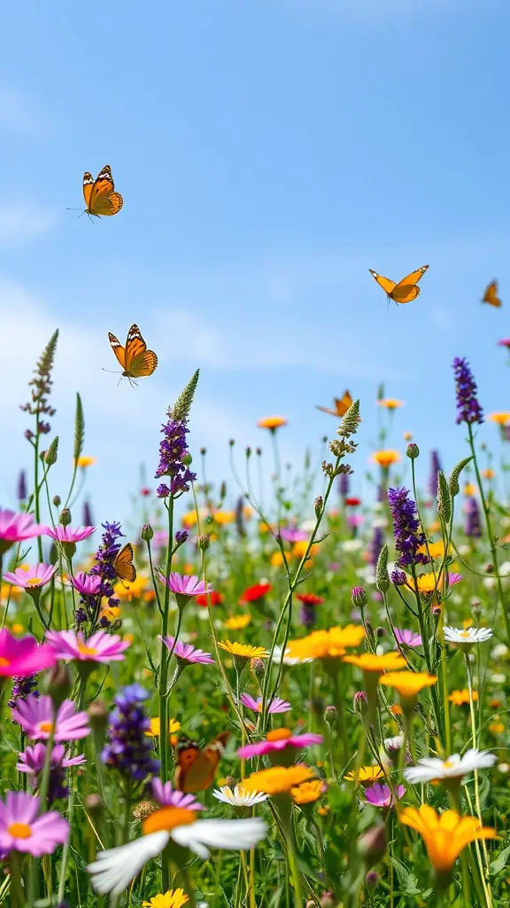 A vibrant wildflower meadow with butterflies fluttering among colorful flowers against a blue sky.