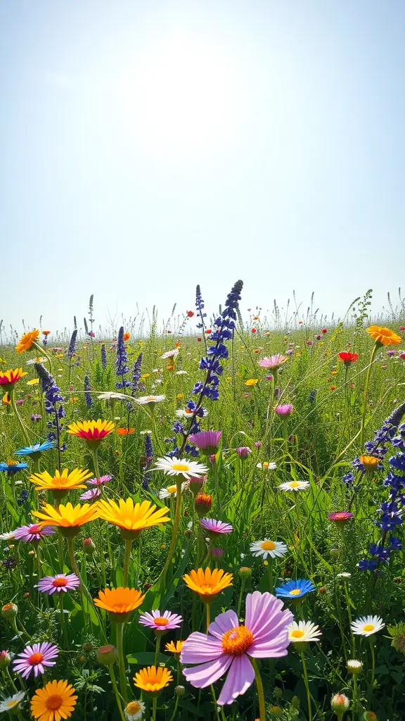 A vibrant wildflower meadow featuring various colorful blooms under a clear blue sky.