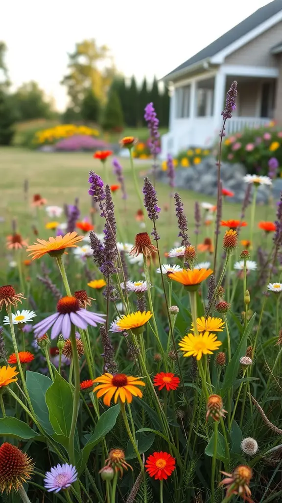 25 Stunning Front Yard Landscaping Ideas to Elevate Your Curb Appeal 14 A vibrant wildflower meadow with a variety of colorful flowers in front of a house