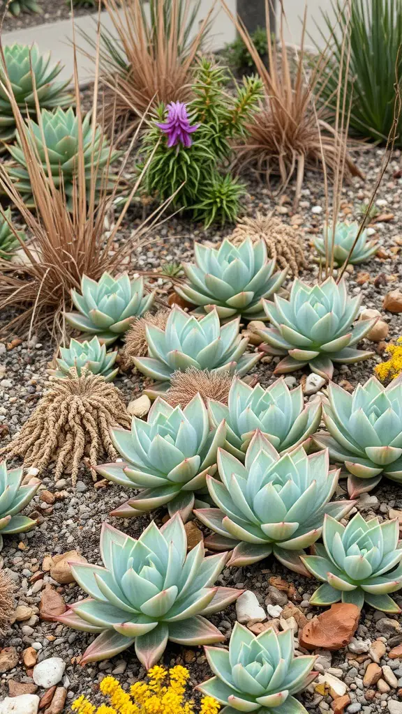 A wildlife-friendly succulent garden featuring various succulents, a purple flowering plant, and contrasting textures.