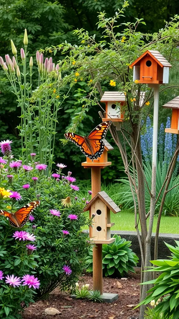 A vibrant wildlife habitat garden with colorful flowers, butterfly decorations, and birdhouses.