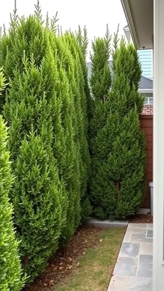 Tall green hedges creating a windbreak in a narrow side yard.