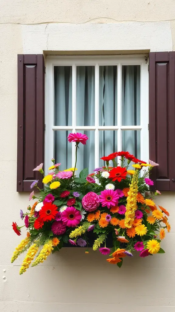 A colorful window box filled with various flowers, enhancing the exterior of a home.