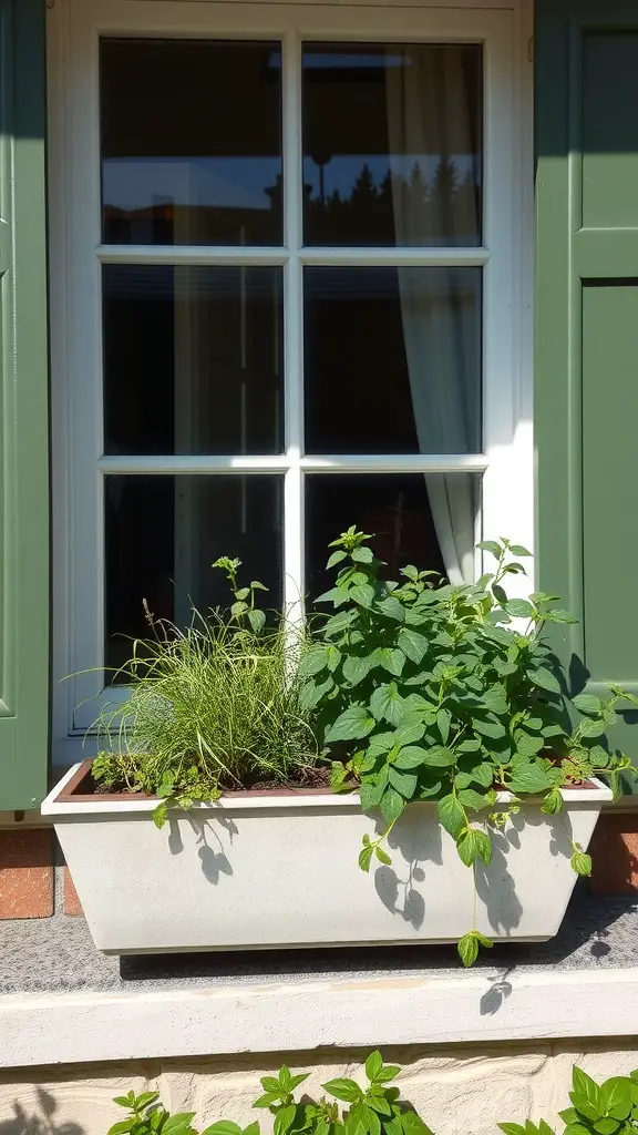 31 Creative Herb Garden Ideas for Every Space 10 A window box filled with fresh herbs, including mint and grass, placed outside a window