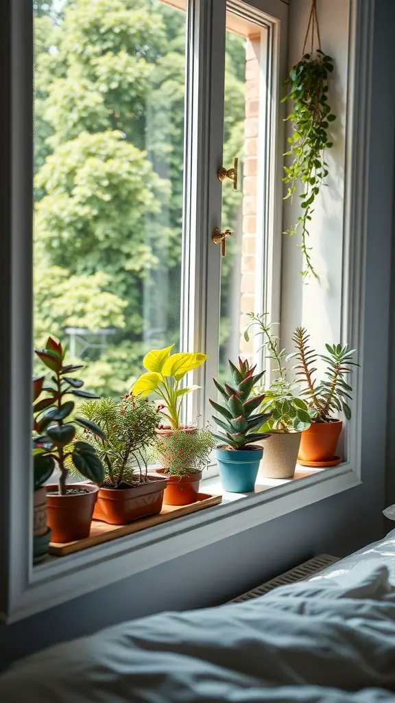 A vibrant collection of potted plants displayed on a windowsill, with sunlight streaming in.