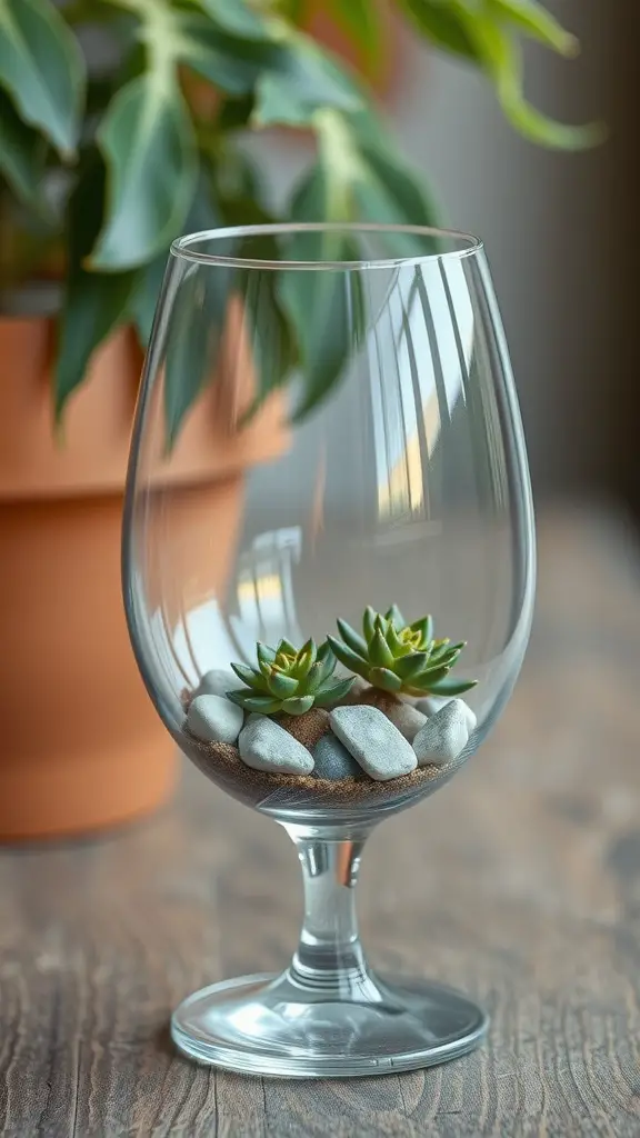 A wine glass terrarium featuring small succulent plants and decorative stones