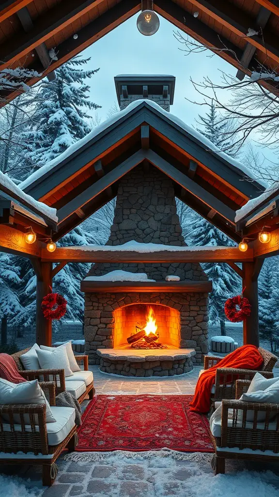 A winter pavilion with a fireplace, surrounded by snow, featuring cozy seating and warm lighting.