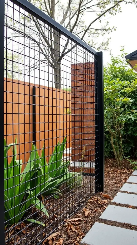 27 Creative and Affordable DIY Fence Ideas for Your Yard 10 A modern fence design combining wire mesh and wooden panels, surrounded by green plants and garden pathways.