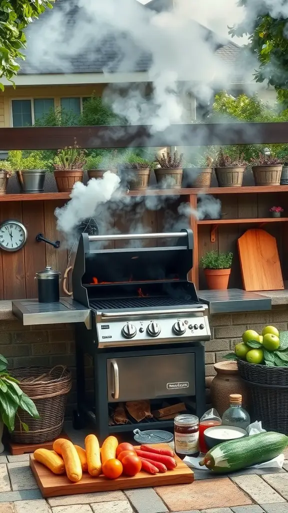 35 Creative Backyard Kitchen Ideas for Outdoor Cooking Enthusiasts 18 A wood-fired grill with smoke and a variety of fresh vegetables ready for cooking in a backyard kitchen setting.