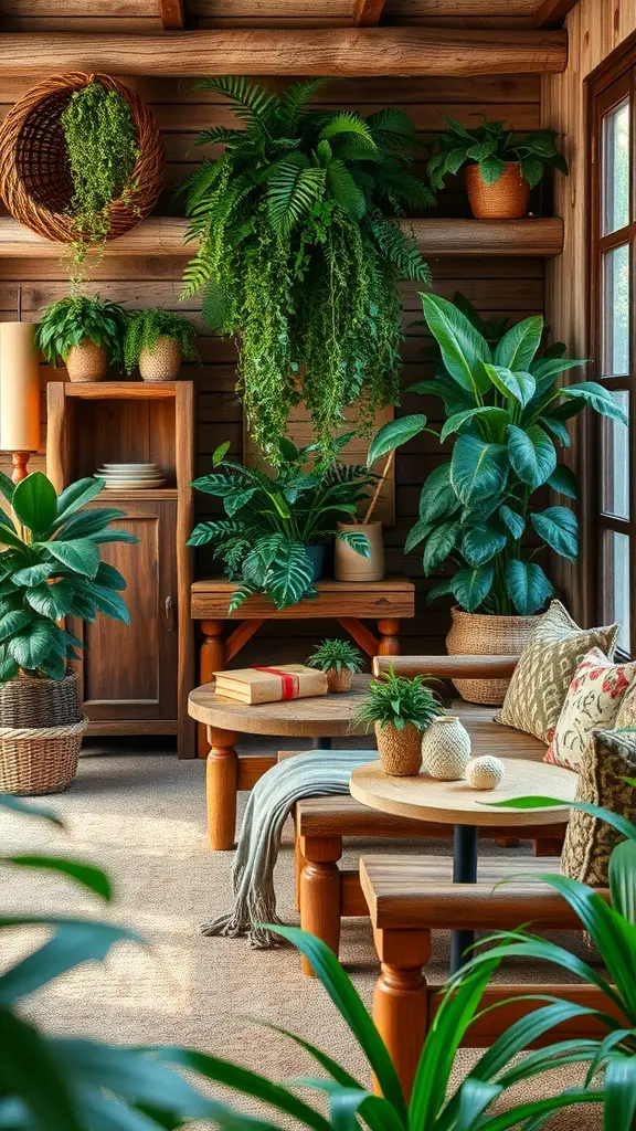 A cozy room filled with wooden furniture and lush green plants.