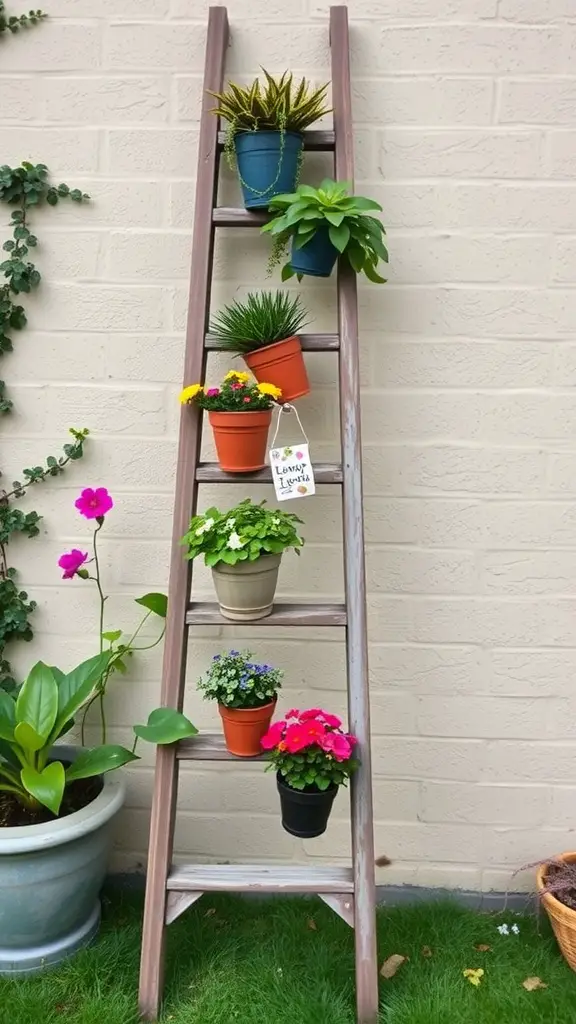 A wooden ladder displaying various potted plants against a wall.