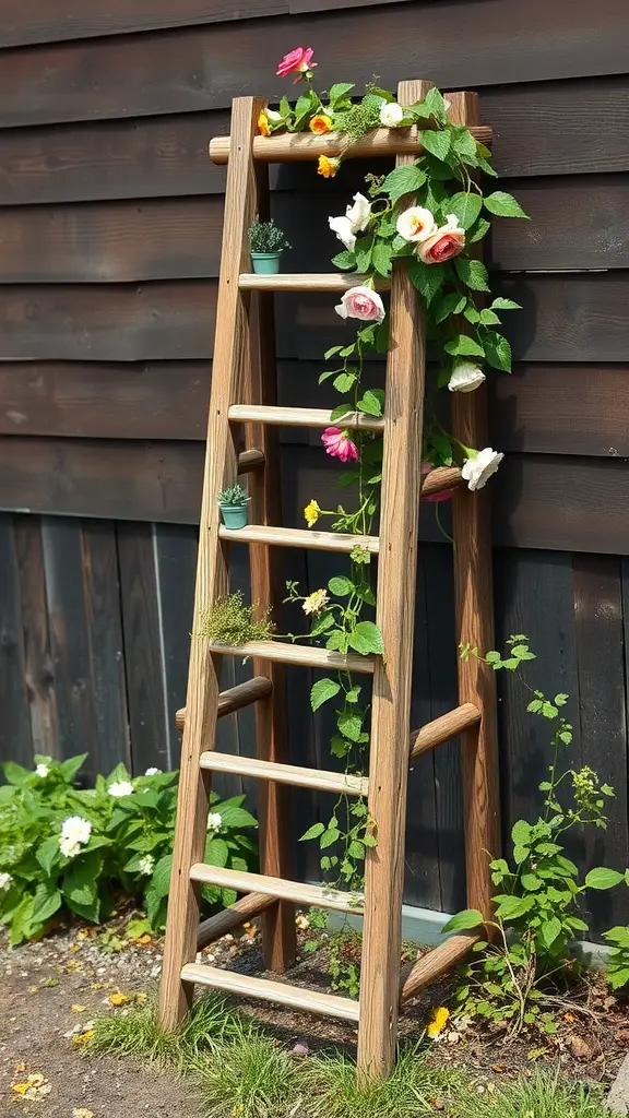 27 Creative DIY Garden Trellis Ideas for Your Outdoor Space 25 A wooden ladder trellis adorned with flowers and plants, leaning against a dark wooden wall.