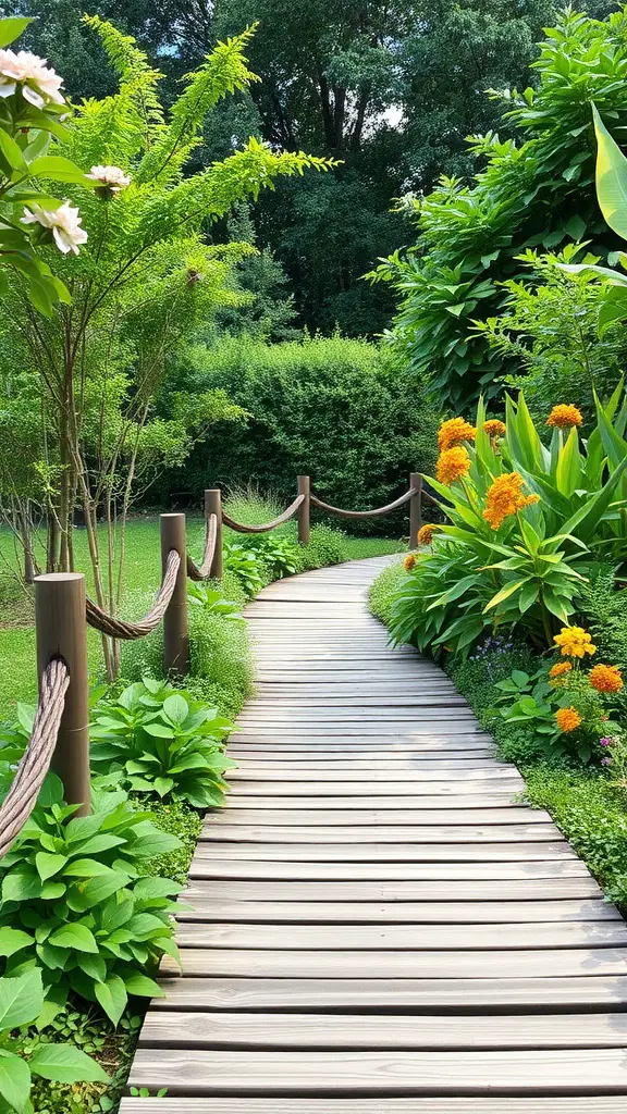 31 Creative Garden Walkway Ideas for Your Outdoor Space 2 A beautiful wooden plank walkway surrounded by lush greenery and vibrant flowers.