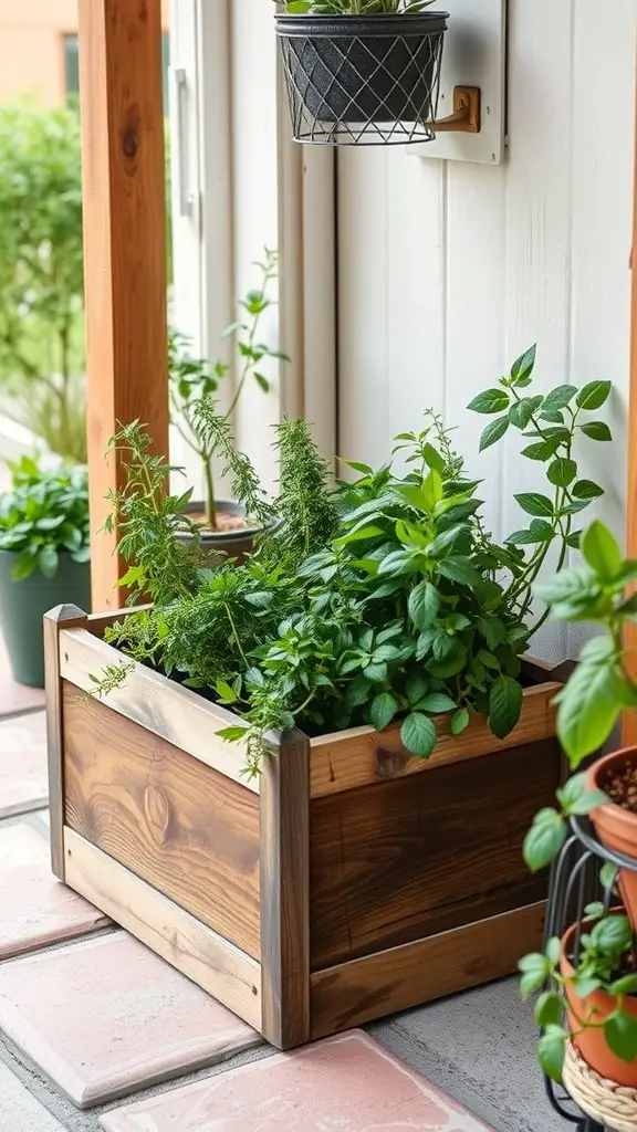 27 Creative Corner Landscaping Ideas for Your Garden 7 A wooden planter box filled with various herbs, situated on a patio with additional potted plants in the background.