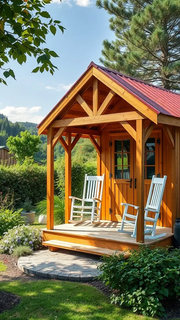 25 Creative Garden Shed Ideas for Your Outdoor Space 24 A charming wooden shed with a porch and rocking chairs, surrounded by greenery