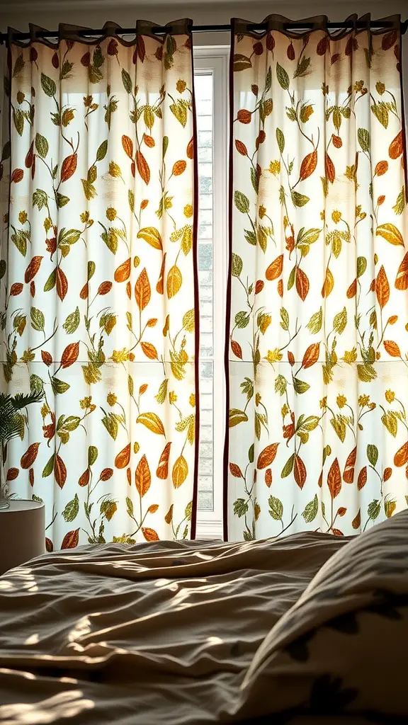 Woodland-inspired curtains with leaf patterns, letting soft light into a bedroom.