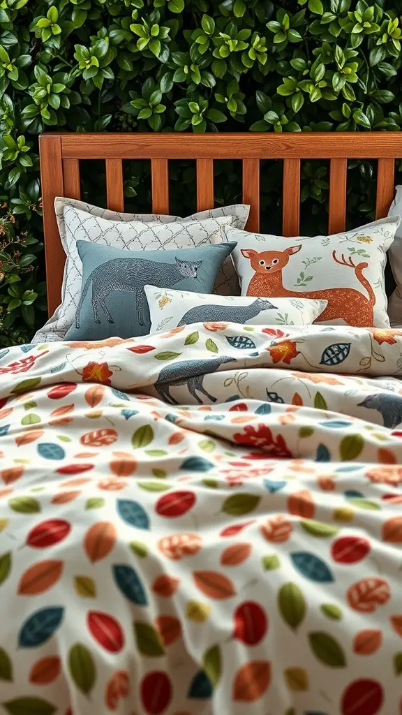 A cozy bed with woodland-inspired textiles featuring animal and leaf patterns.