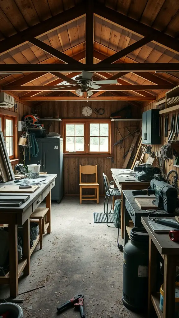 27 Stunning Garden Shed Interiors to Inspire Your Outdoor Space 5 Interior of a garden shed workshop with workbenches, tools, and natural light