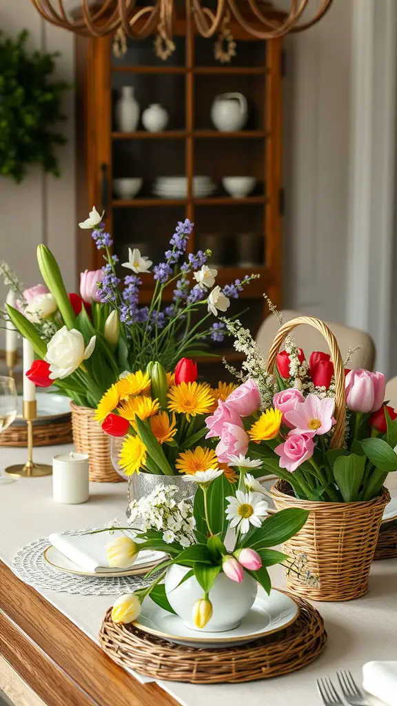 Colorful woven baskets filled with flowers on a dining table