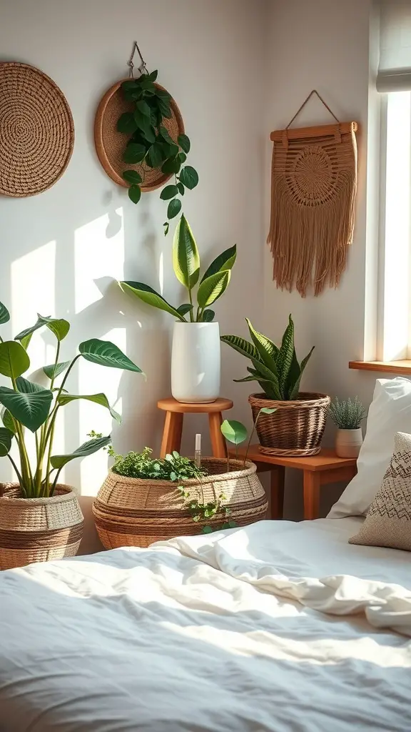 A cozy bedroom featuring woven baskets with plants in natural light.