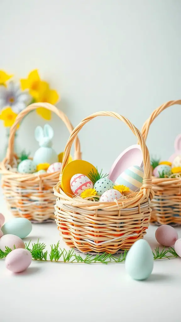 Colorful woven baskets made from paper plates filled with Easter eggs and decorations.