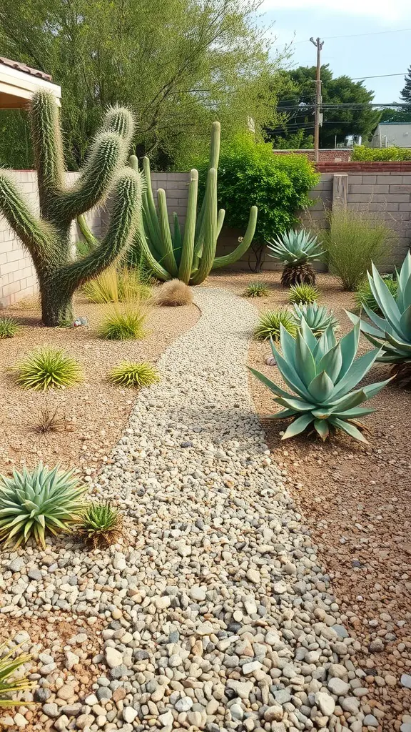 A xeriscaped garden featuring various cacti and succulents with a winding gravel path.