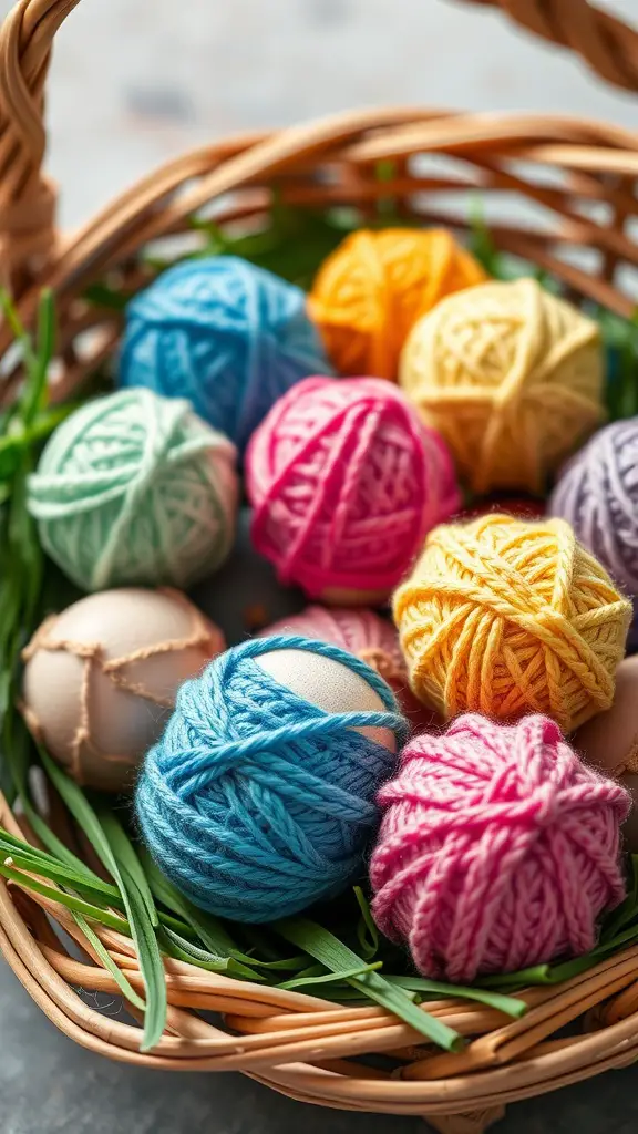 A basket filled with colorful yarn-wrapped Easter eggs and plain eggs on a bed of green grass.