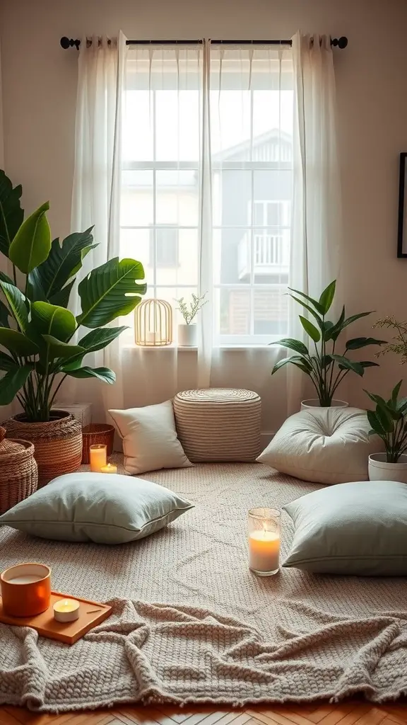 A serene meditation corner featuring soft pillows, warm candles, and lush plants.