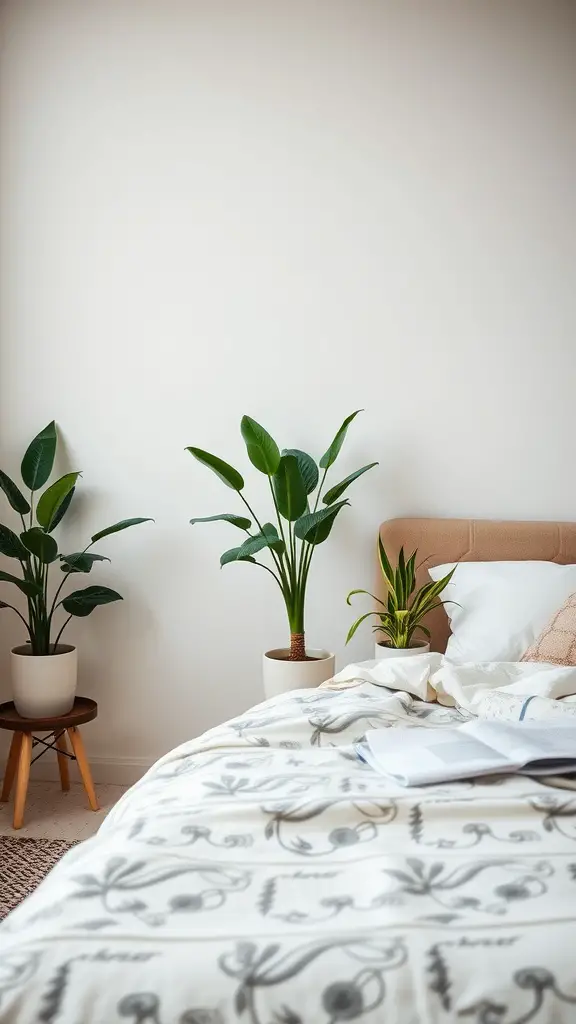 A cozy zen-inspired minimalist bedroom with soft bedding and indoor plants.