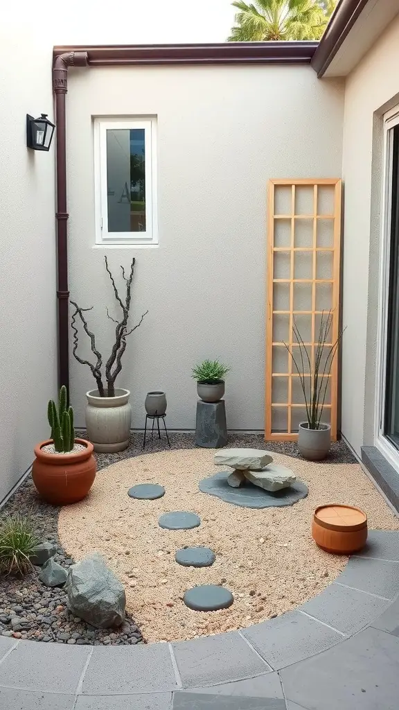25 Creative Small Patio Ideas for Your Outdoor Space 26 A small Zen garden corner featuring sand, stones, and potted plants.