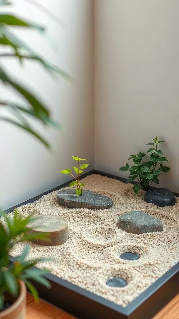 A Zen garden corner featuring sand, stones, and small plants