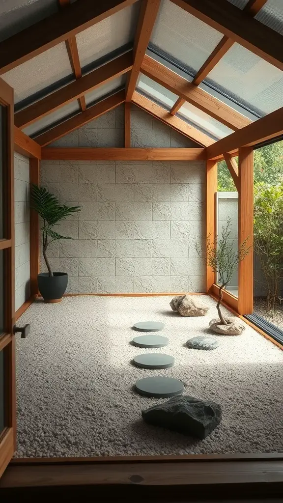 27 Stunning Garden Shed Interiors to Inspire Your Outdoor Space 29 A peaceful Zen garden interior with wooden beams, stone walls, and soft flooring featuring stepping stones and potted plants.