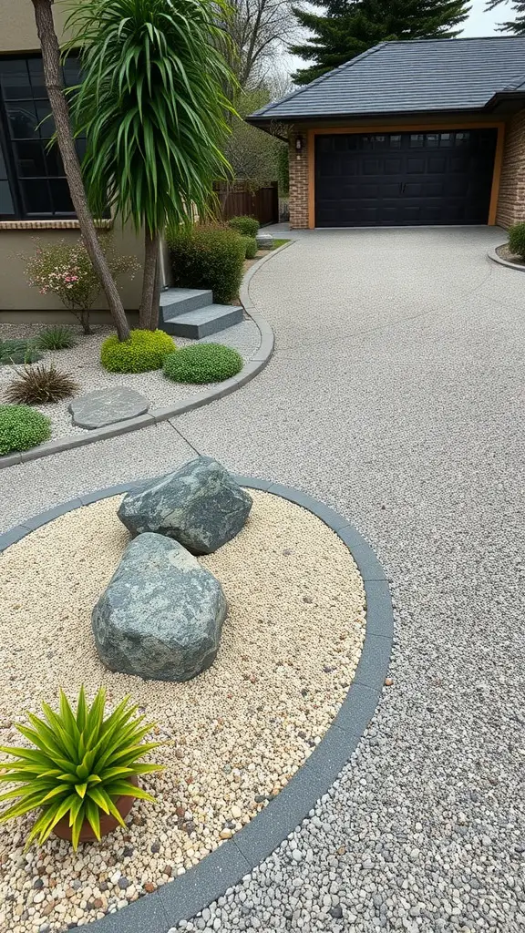 A driveway featuring a Zen garden with stones and plants, creating a peaceful landscape.