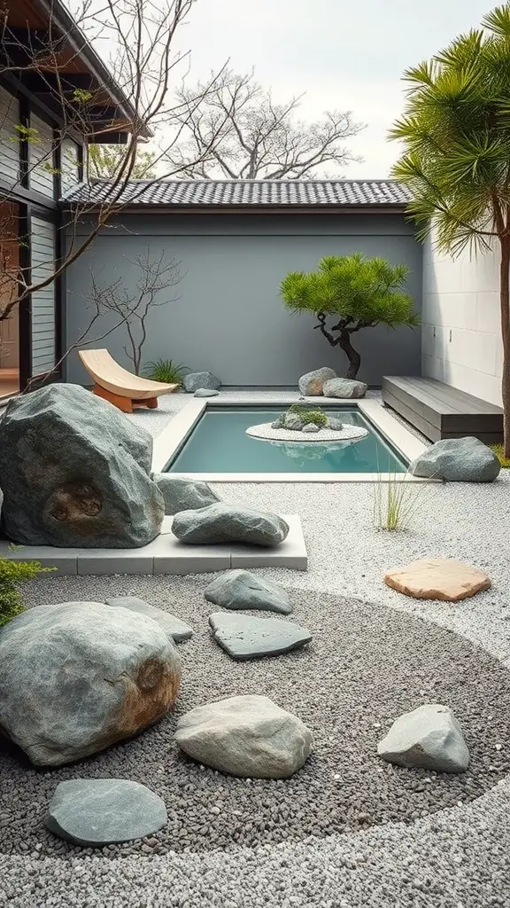 33 Creative Backyard Pool and Patio Ideas for Your Dream Outdoor Space 23 A serene Zen garden with a pool, rocks, and lush greenery, creating a peaceful outdoor retreat.