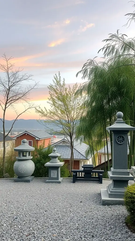 A serene Zen garden featuring stone lanterns, gravel pathways, and lush greenery under a colorful sunset sky.