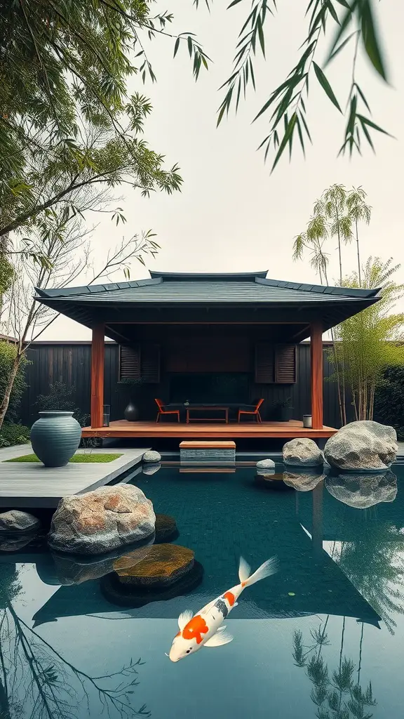 A serene Zen garden pavilion surrounded by water and greenery, featuring koi fish swimming in the pond.