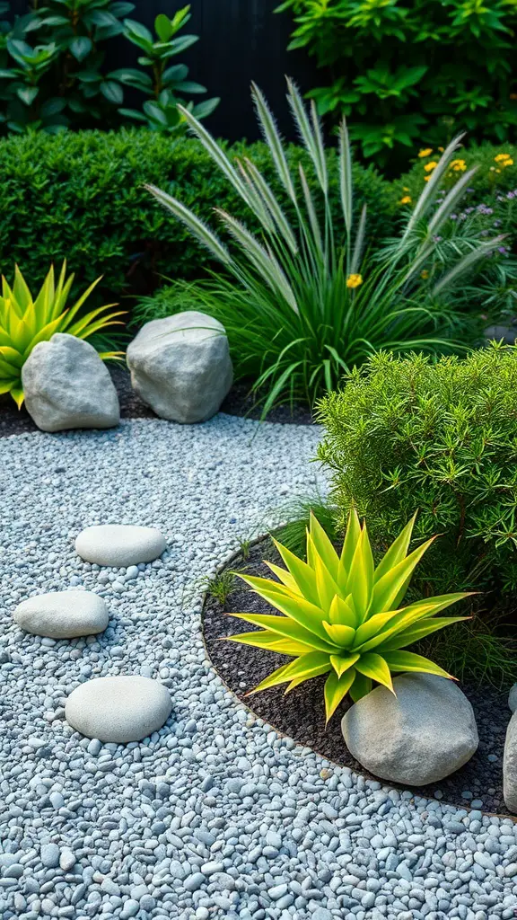 A peaceful Zen garden featuring smooth stones, gravel paths, and green plants.