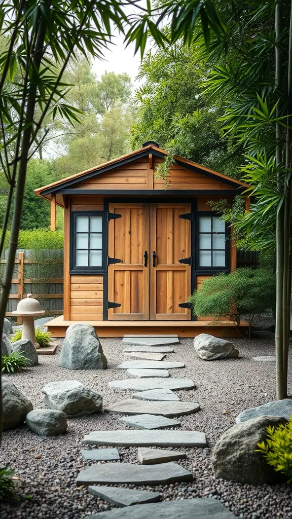29 Creative Garden Shed Ideas for Every Backyard 18 A wooden Zen garden shed surrounded by greenery and rocks with a stone path leading to it.