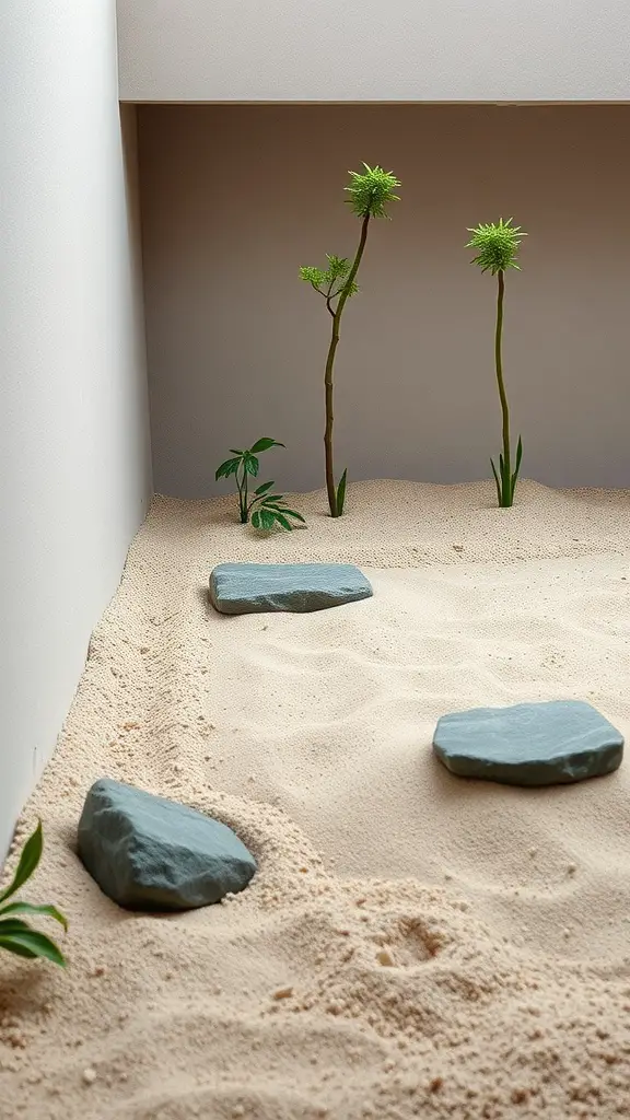 27 Creative Corner Landscaping Ideas for Your Garden 6 A serene Zen garden featuring raked sand, smooth stones, and green plants.