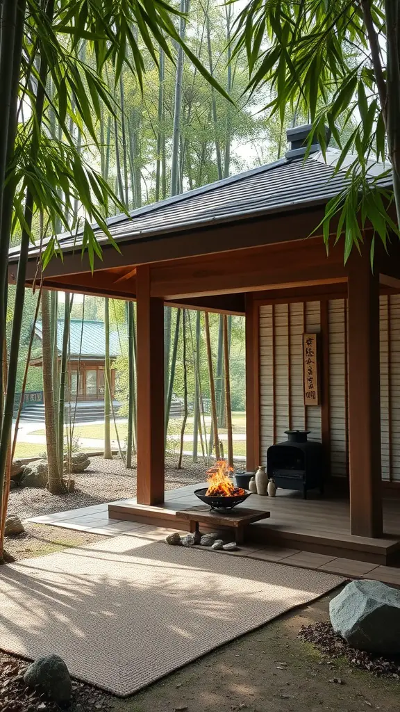 A Zen meditation pavilion surrounded by bamboo, featuring a fireplace and a cozy atmosphere.