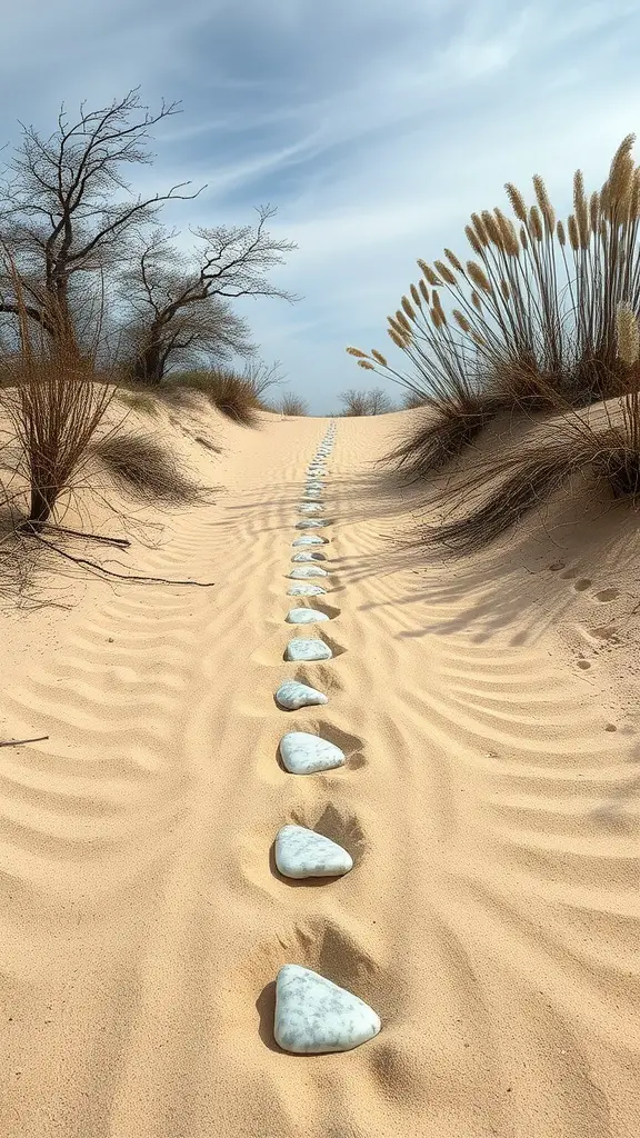 31 Creative Garden Walkway Ideas for Your Outdoor Space 22 A serene Zen sand path with raked patterns and smooth stones, surrounded by sparse trees and grass.