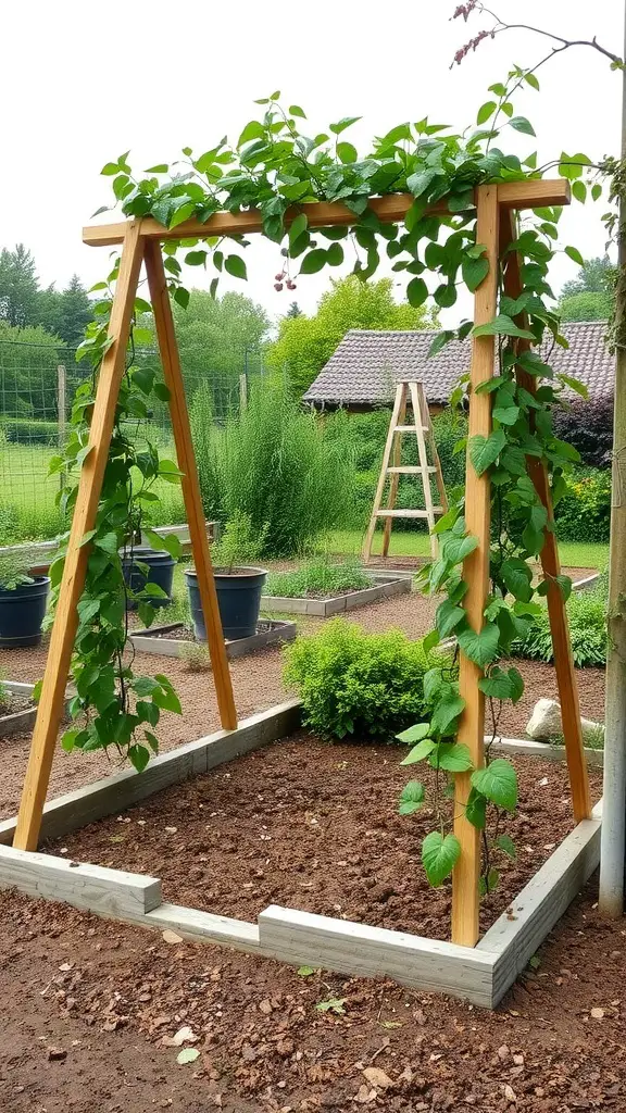 A-frame garden bed with climbing plants in a garden setting.