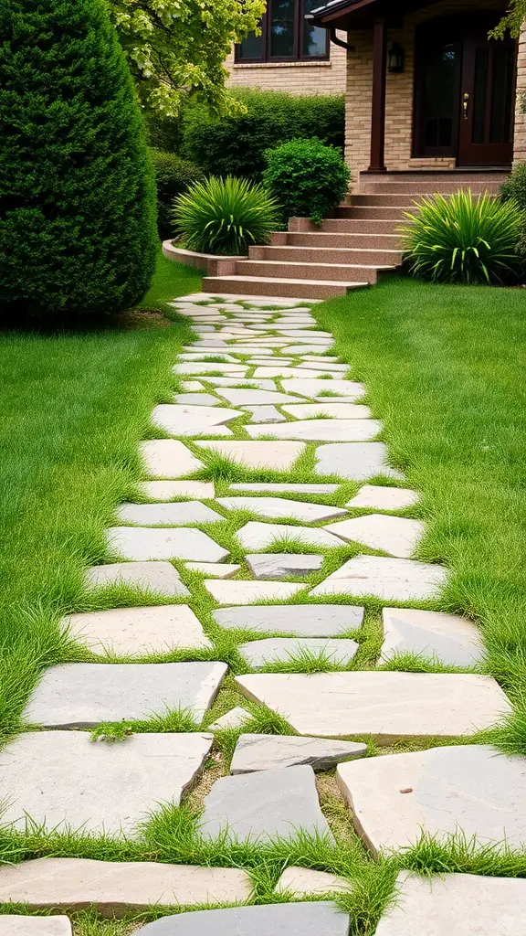 A stone walkway leading to a house, surrounded by green grass and plants.