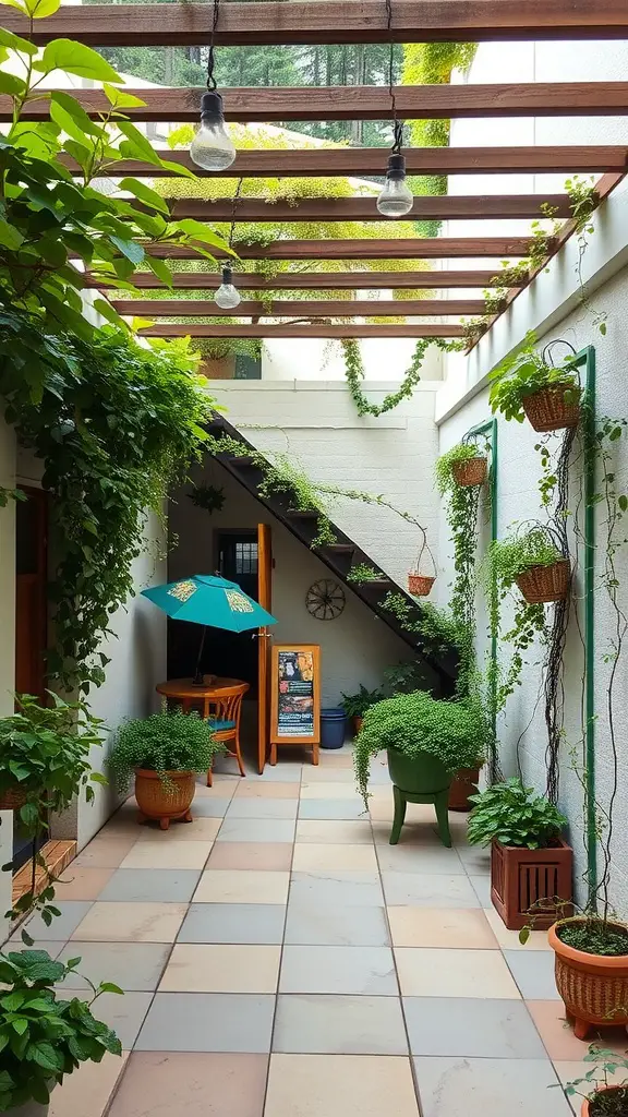 A small patio garden featuring climbing plants, hanging pots, and a cozy seating area.