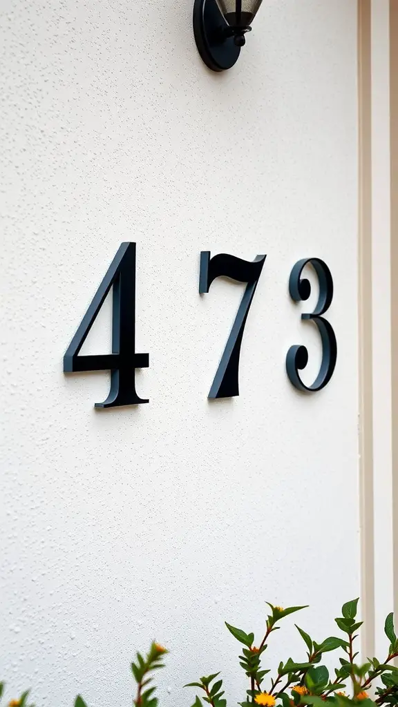 Decorative house numbers '473' on a textured wall with plants below.