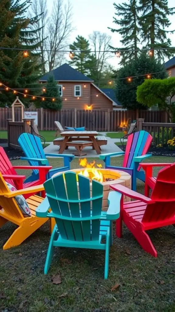 A cozy outdoor fire pit surrounded by colorful Adirondack chairs