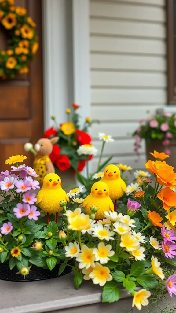 Three yellow chicks placed among colorful flowers on a porch