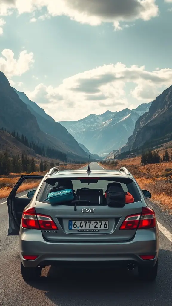 21 Must-Do Summer Bucket List Ideas for Your Best Season Yet 8 Car parked on a scenic road with mountains in the background, trunk open showing bags and gear