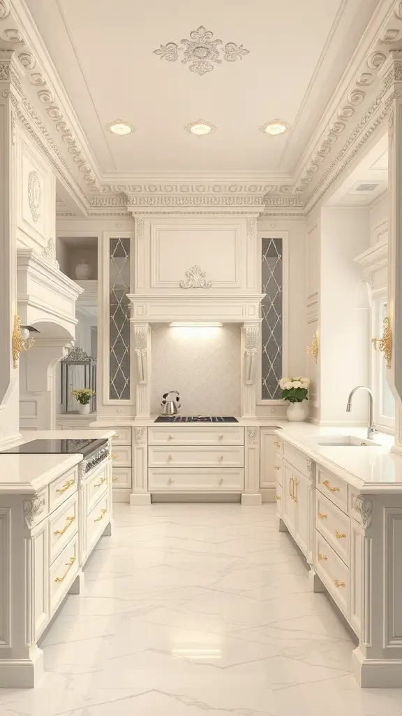 Elegant all-white kitchen with detailed cabinetry and gold accents.